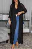 Black Casual Solid Color See-Through Cardigan Collar Outerwear