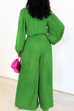 Green Casual Solid Color Buckle Strap Design Turndown Collar Loose Jumpsuits