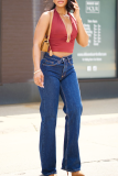 Blue Casual Solid Color Pocket Regular Denim Jeans