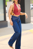 Blue Casual Solid Color Pocket Regular Denim Jeans