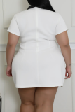 White Casual Digital Contrast Turndown Collar Wrapped Skirt Plus Size Dresses