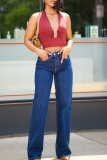 Blue Casual Solid Color Pocket Regular Denim Jeans