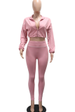 Pink Casual Solid Color Zipper Zipper Collar Long Sleeve Two Pieces