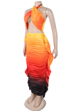 Brown Sexy Ombre Print Ruched Flounce Sleeveless Two Pieces
