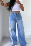 Blue Casual Stripe Contrast High Waist Loose Denim Jeans