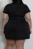 White Casual Digital Contrast Turndown Collar Wrapped Skirt Plus Size Dresses