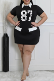 White Casual Digital Contrast Turndown Collar Wrapped Skirt Plus Size Dresses