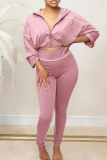 Pink Casual Solid Color Zipper Zipper Collar Long Sleeve Two Pieces