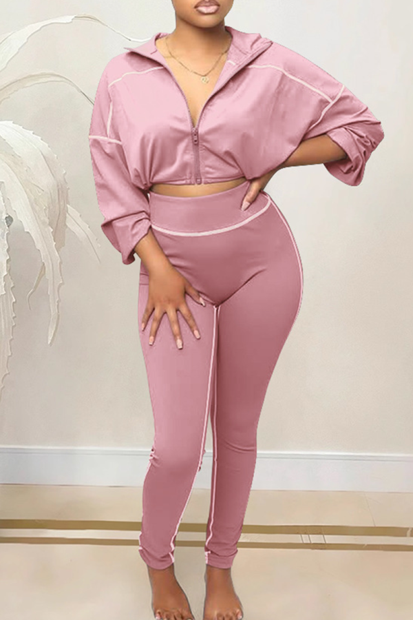 Pink Casual Solid Color Zipper Zipper Collar Long Sleeve Two Pieces