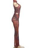 Brown Sexy Print O Neck Sleeveless Two Pieces