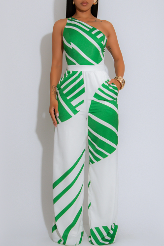 Green Casual Print Pocket Oblique Collar Loose Jumpsuits(No Pockets)