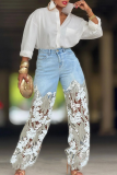 Blue Casual Solid Color Lace High Waist Loose Denim Jeans