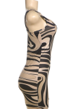 Brown Sexy Print U Neck Wrapped Skirt Dresses