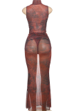 Brown Sexy Print O Neck Sleeveless Two Pieces