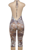 Green Sexy Print Backless Halter Skinny Jumpsuits