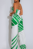 Green Casual Print Pocket Oblique Collar Loose Jumpsuits(No Pockets)