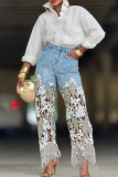 Blue Casual Solid Color Lace High Waist Loose Denim Jeans