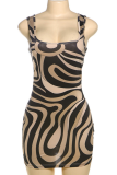 Brown Sexy Print U Neck Wrapped Skirt Dresses