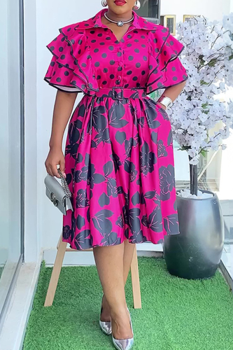 Rose Red Casual Print Buckle With Belt Turndown Collar A Line Plus Size Dresses