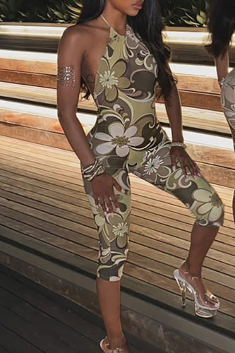 Green Sexy Print Backless Halter Skinny Jumpsuits