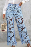 Blue Sexy Solid Color Lace Mid Waist Loose Denim Jeans