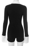 Black Casual Zipper Contrast Turndown Collar Skinny Rompers