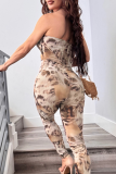 Light Brown Sexy Print Patchwork Halter Skinny Jumpsuits