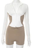 Brown Casual Zipper Contrast O Neck Long Sleeve Two Pieces