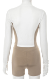 Brown Casual Zipper Contrast O Neck Long Sleeve Two Pieces