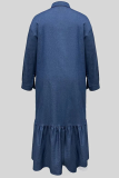 Deep Blue Casual Solid Color Buckle Turndown Collar Denim Plus Size Dresses