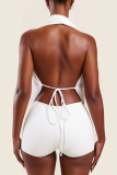 White Sexy Solid Color Deep V Neck Sleeveless Two Pieces