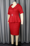Red Elegant Solid Color With Belt O Neck Wrapped Skirt Dresses
