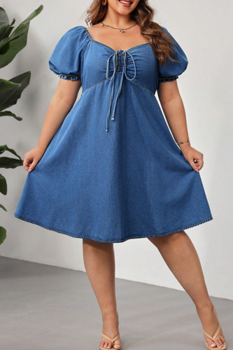 Blue Casual Solid Color Backless Strap Design Asymmetrical Collar Denim Plus Size Dresses
