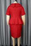 Red Elegant Solid Color With Belt O Neck Wrapped Skirt Dresses
