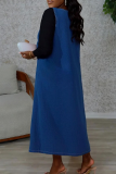 Blue Casual Solid Color Pocket Buckle V Neck Sleeveless Loose Denim Dresses