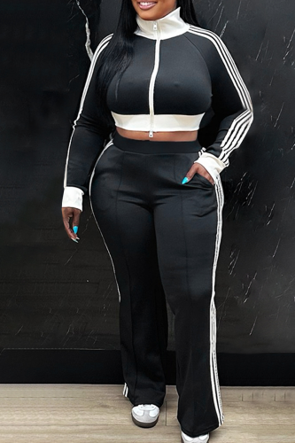Black Casual Stripe Zipper Turndown Collar Long Sleeve Two Pieces