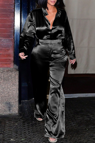 Black Casual Solid Color Buckle Turndown Collar Long Sleeve Two Pieces