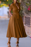 Brown Casual Solid Color Buckle Bandage Crystal Turndown Collar Long Dresses