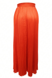 Tangerine Red Casual Solid Color Pleated Loose Mid Waist Conventional Solid Color Bottoms