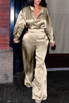 Champagne Casual Solid Color Buckle Turndown Collar Long Sleeve Two Pieces