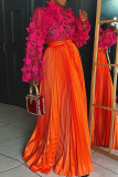 Tangerine Red Casual Solid Color Pleated Loose Mid Waist Conventional Solid Color Bottoms