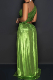 Green Sexy Solid Color Hollow Out Slit Oblique Collar Long Dresses