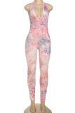 Pink Sexy Print Backless Halter Skinny Jumpsuits
