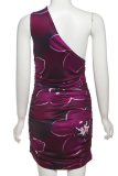 Purple Sexy Print Hollow Out Oblique Collar Sleeveless Two Pieces