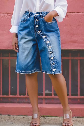 Blue Casual Solid Color Buckle Mid Waist Straight Denim Shorts