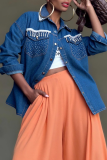Blue Casual Solid Color Buckle Turndown Collar Long Sleeve Regular Denim Jacket