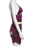 Purple Sexy Print Hollow Out Oblique Collar Sleeveless Two Pieces