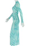 Green Elegant Print O Neck Long Dresses