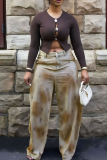 Brown Casual Print Patchwork Mid Waist Straight Denim Jeans