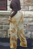 Brown Casual Print Patchwork Mid Waist Straight Denim Jeans